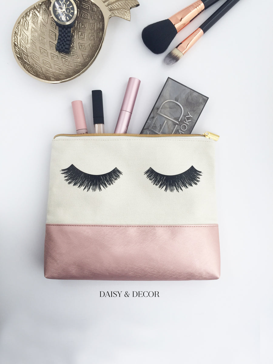 Eyelashes Rose Makeup Bag, Makeup bag, Cosmetic Bag, Handdrawn eyelashes, Daisy and Decor, Cotton Canvas Bag, Pouch, Clutch