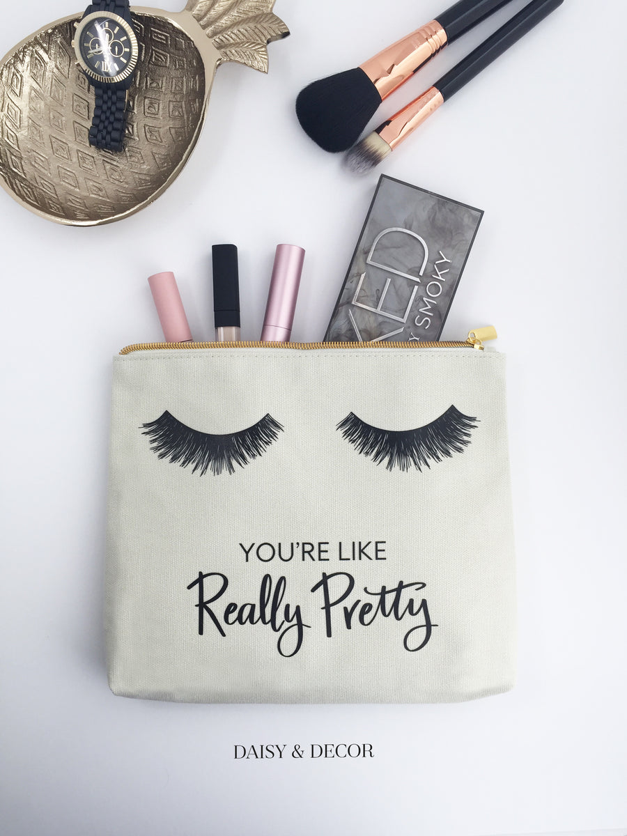 Eyelashes Pretty Makeup Bag, Makeup bag, Cosmetic Bag, Handdrawn eyelashes, Daisy and Decor, Cotton Canvas Bag, Pouch, Clutch