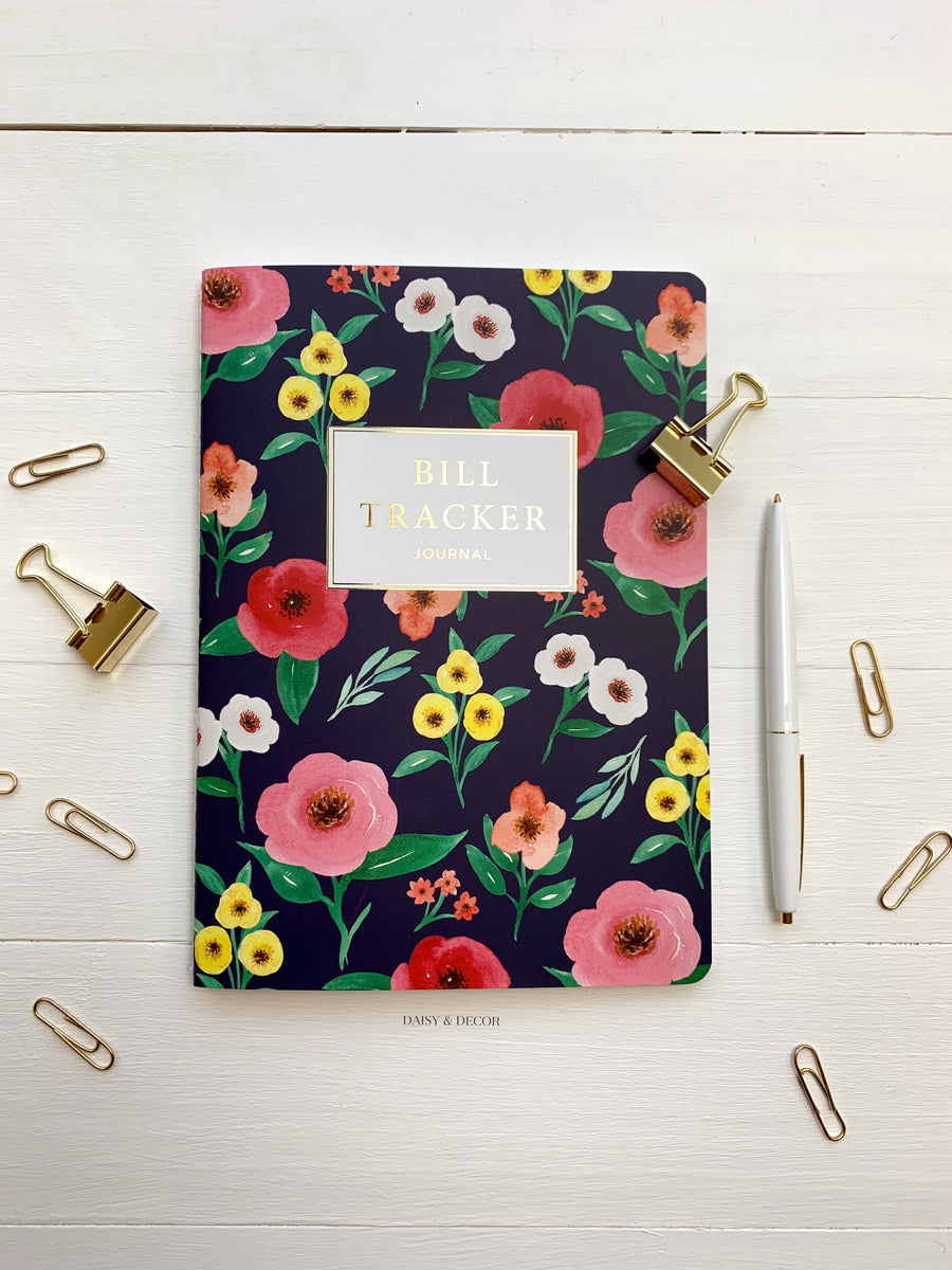 Daisy and Decor, Undated Planner, Bill Tracker Journal, The original Bill Tracker Journal, Floral notebook, Navy blooms, 2020 Planner, New years resolution pay bills on time