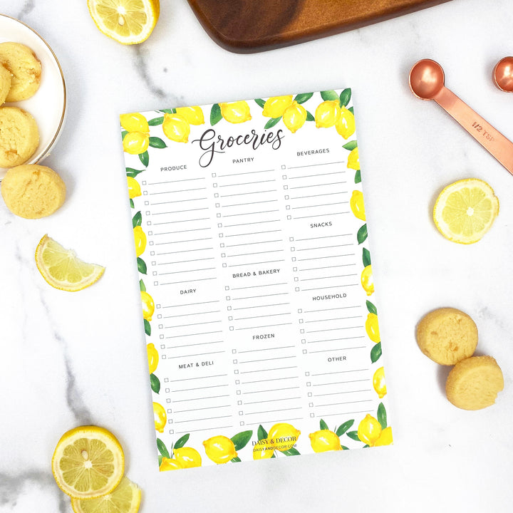 Daisy and decor, groceries notepad, lemons kitchen decor, lemons notepad, grocery list, produce, pantry, farmhouse decor, how to stay organized at store groceries organized grocery shopping