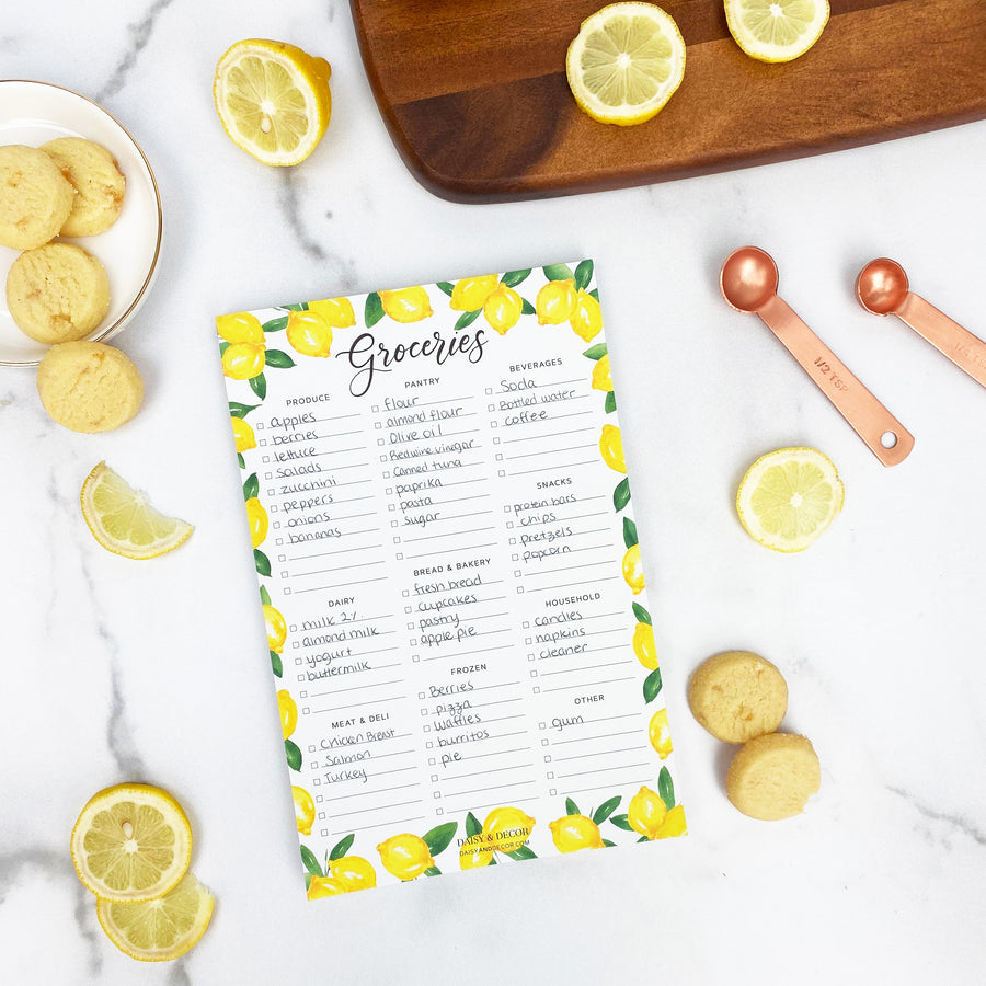 Daisy and decor, groceries notepad, lemons kitchen decor, lemons notepad, grocery list, produce, pantry, farmhouse decor, how to stay organized at store groceries organized grocery shopping