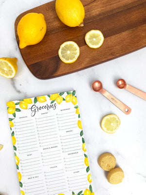 Daisy and decor, groceries notepad, lemons kitchen decor, lemons notepad, grocery list, produce, pantry, farmhouse decor, how to stay organized at store groceries organized grocery shopping