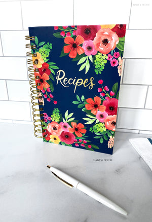 Hardcover Navy Floral Print Kitchen Recipe Journal