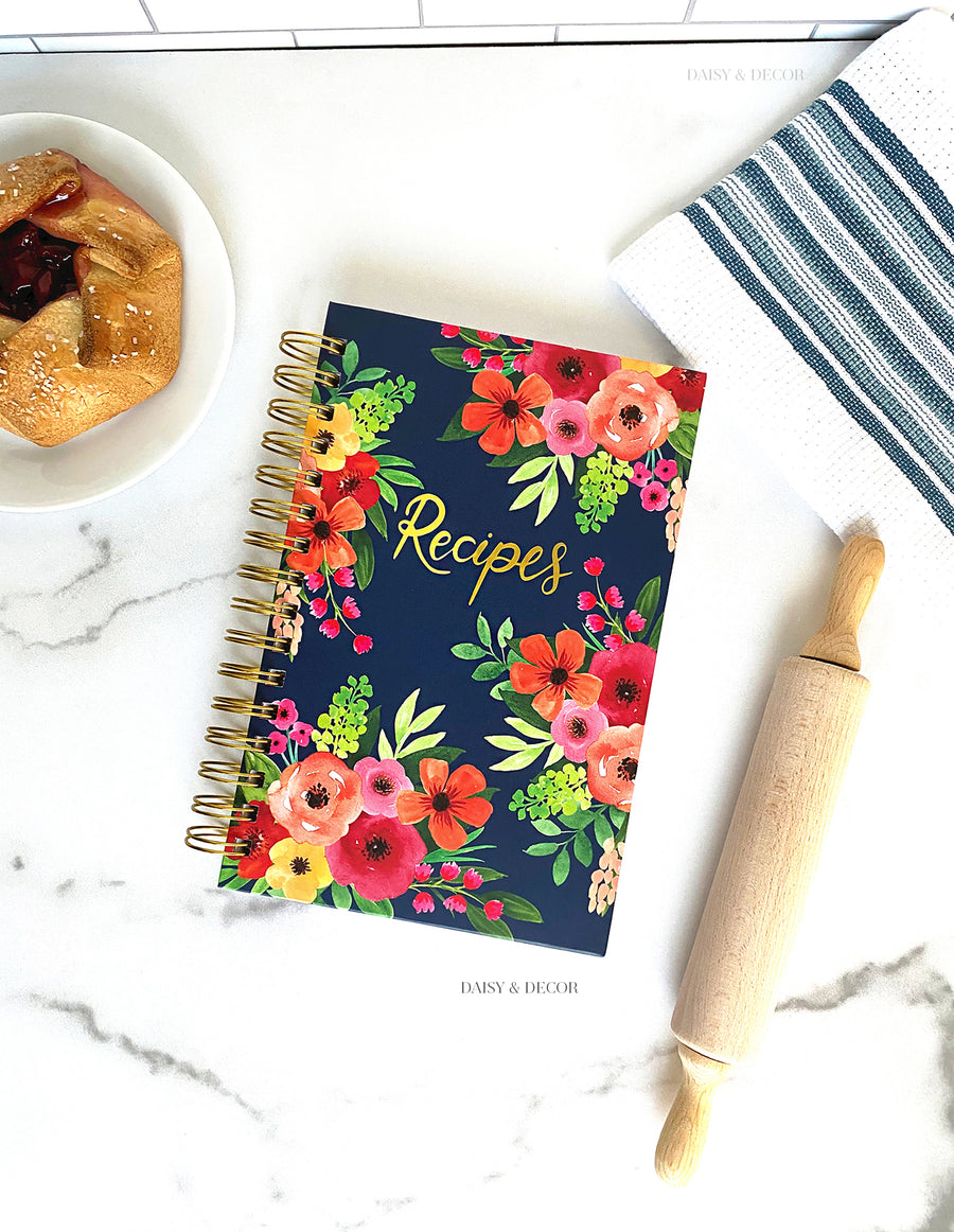Hardcover Navy Floral Print Kitchen Recipe Journal