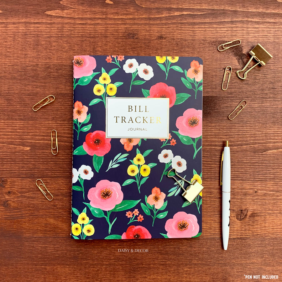 Daisy and Decor, Undated Planner, Bill Tracker Journal, The original Bill Tracker Journal, Floral notebook, Navy blooms, 2020 Planner, New years resolution pay bills on time